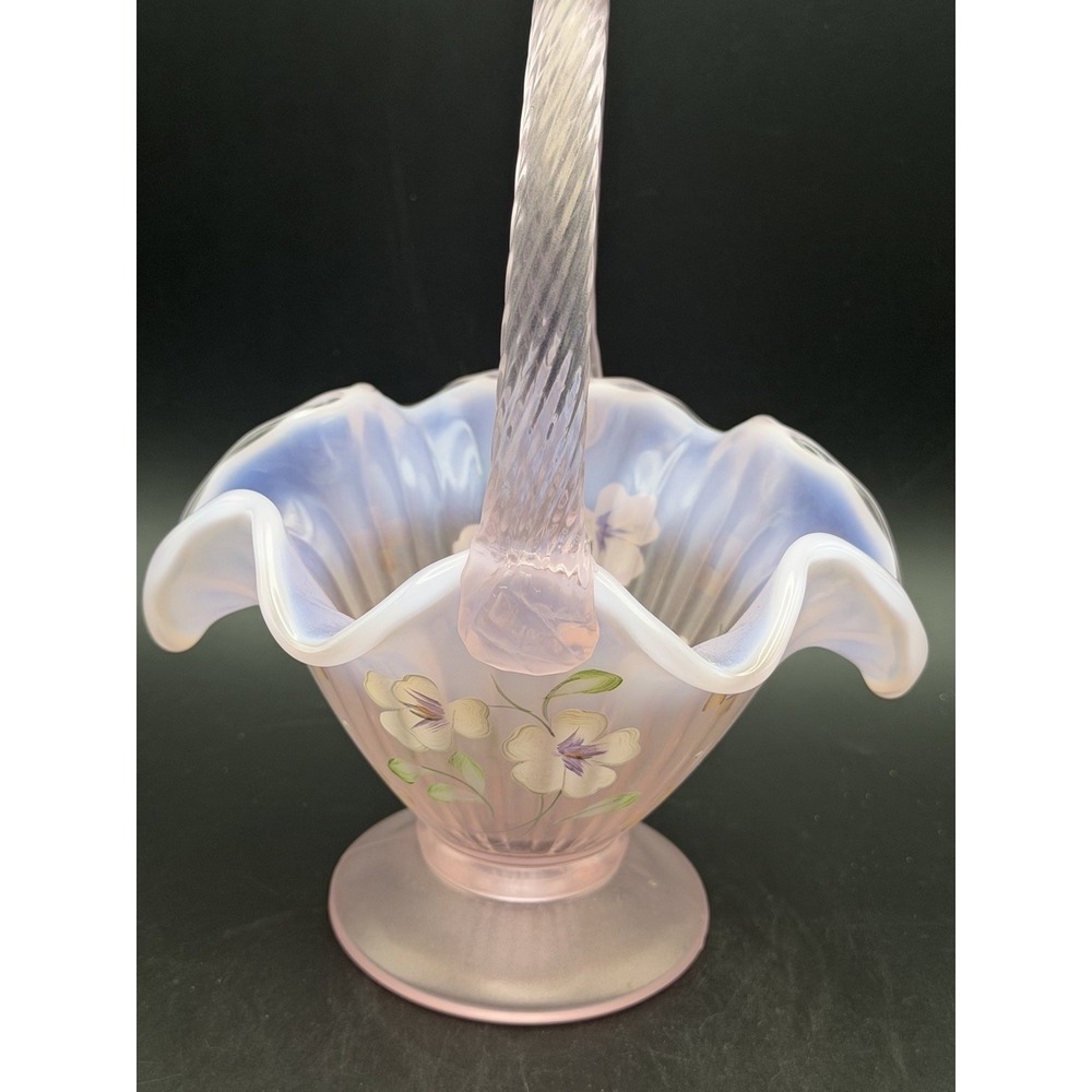 Fenton Pink Opalescent Glass Basket Hand Painted Pansies Signed F Enoch 9"
